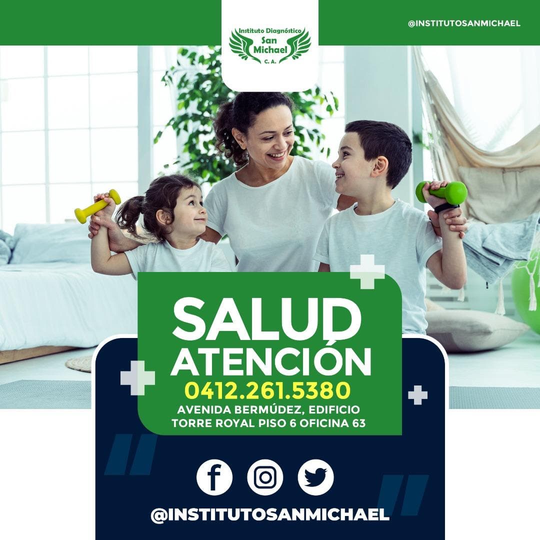 Pieza del Instituto Diagnóstico San Michael: una madre hace ejercicio en casa con sus dos hijos, junto al teléfono de atención y la dirección de la sede.